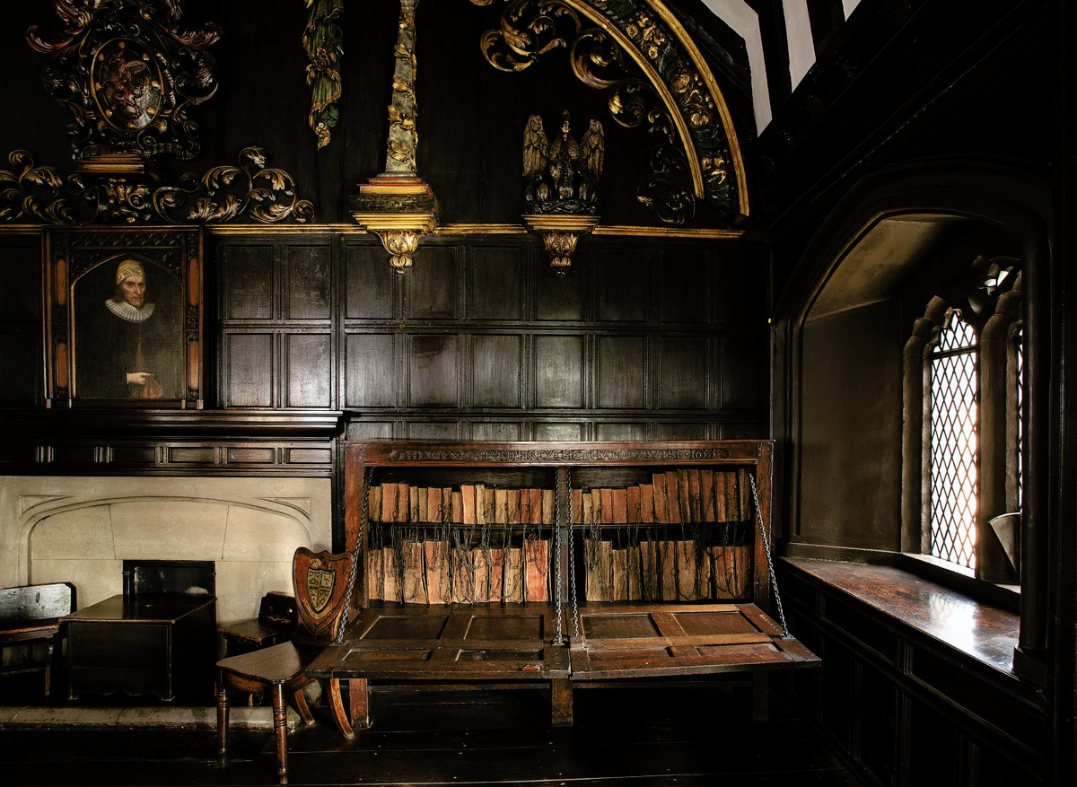 Gorton chained library cabinet, before conservation