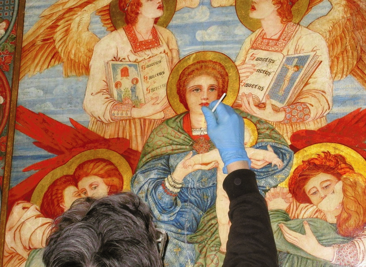 Phoebe Traquair wallpainting – north wall during inpainting of filled structural crack.