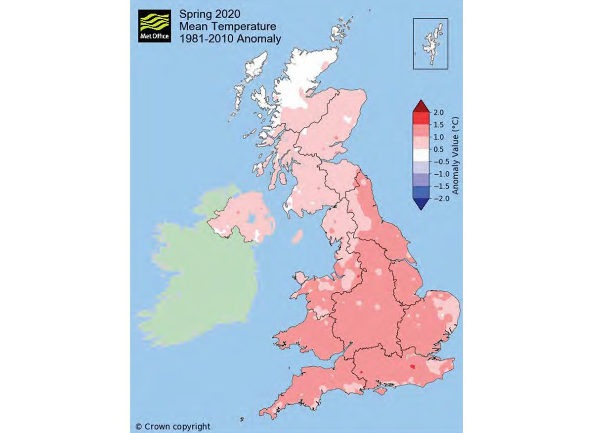 Charts showing substantially warmer spring 2020 vs. 2021, particularly in Norfolk