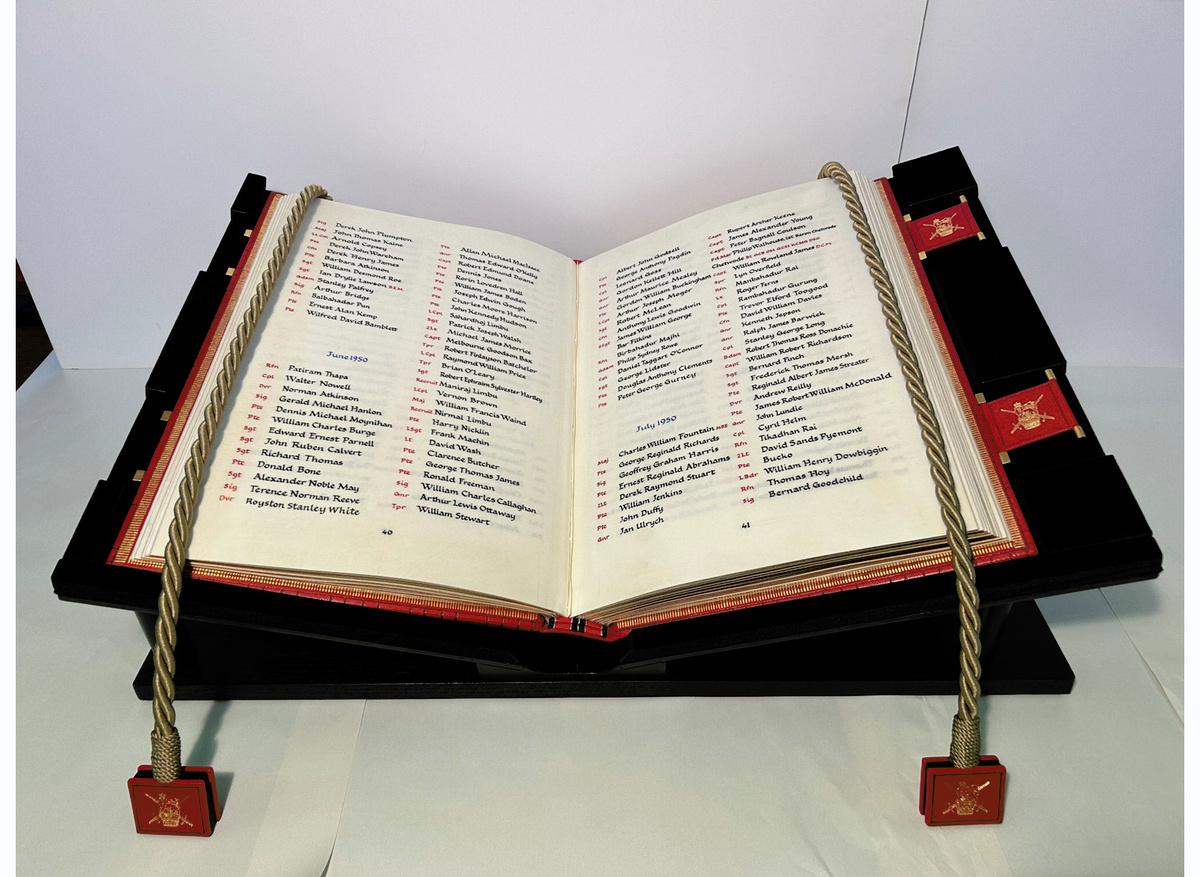  A book on its cradle being held by the page weights