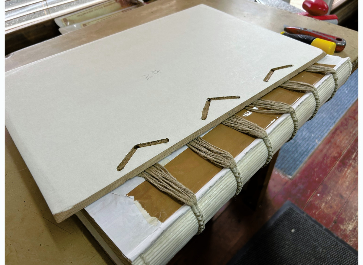 Shows the inside of a board covered with acid free paper and slots cut for lacing