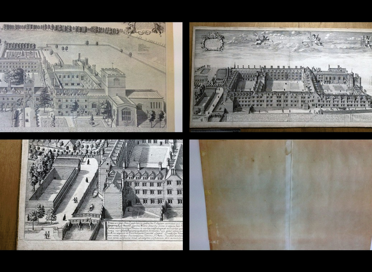 David Loggan architectural prints. 17th & 18th engravings on fine printing papers, with historical wear and tear.