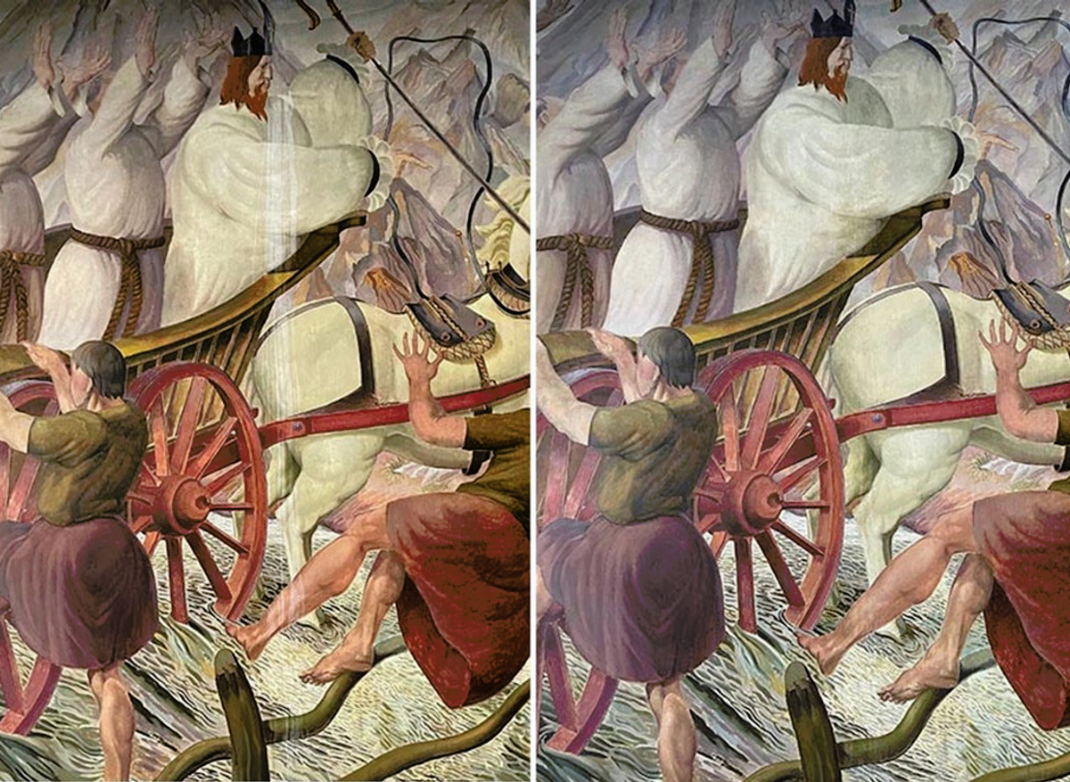 Before and after conservation Gilbert Spencer wall paintings, Balliol College, Oxford