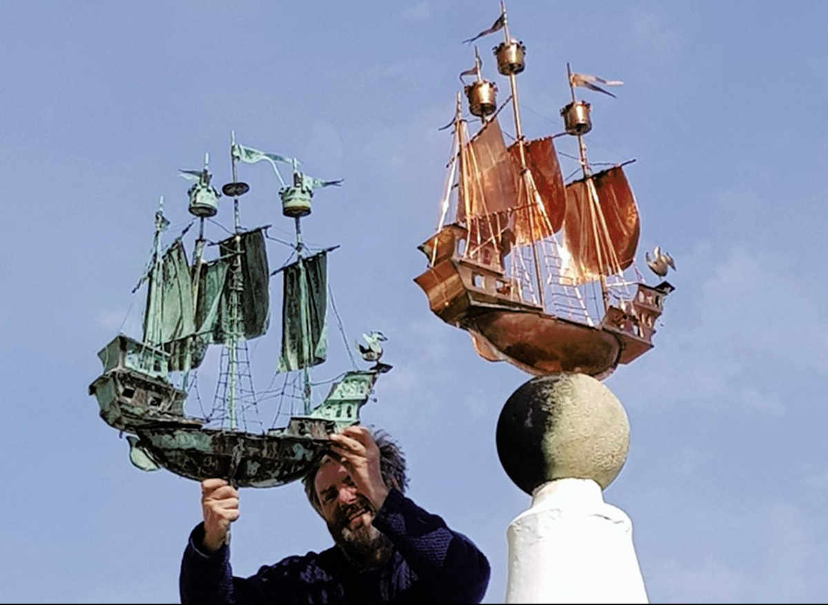 Original and replica copper galleon held side-by-side, Portmeirion, North Wales