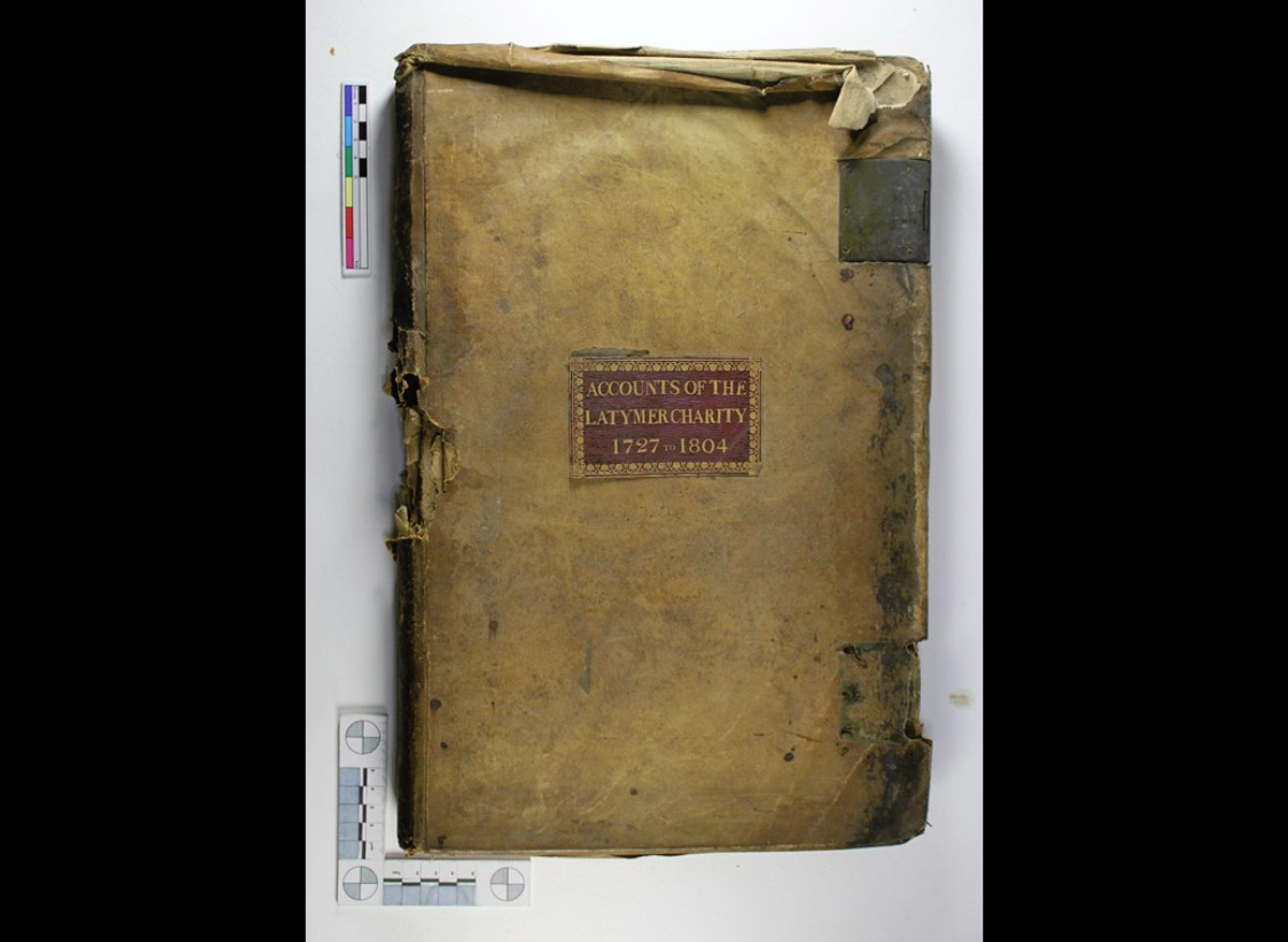 Accounts of the Latymer Charity 1727-1804 Left Board Before Conservation