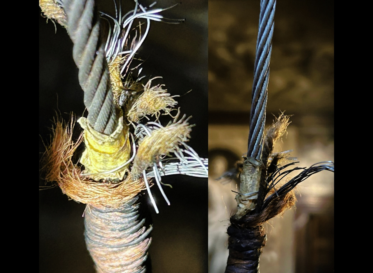 Failing 1904 wire rope joint on 70Kg lantern, Powis Castle, Powys (National Trust)