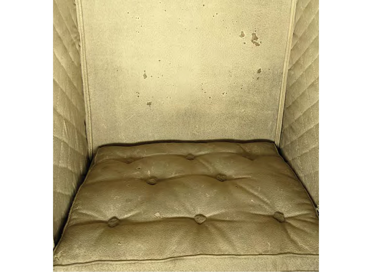 Webbing clothes moth damage to wool interior of Westminster sedan chair, c. 1760