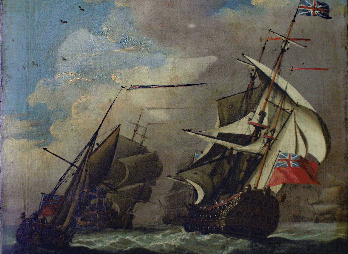 ‘British Men O’ War’ by a Follower of Ludolph Bakhuizen, 18th century, before treatment