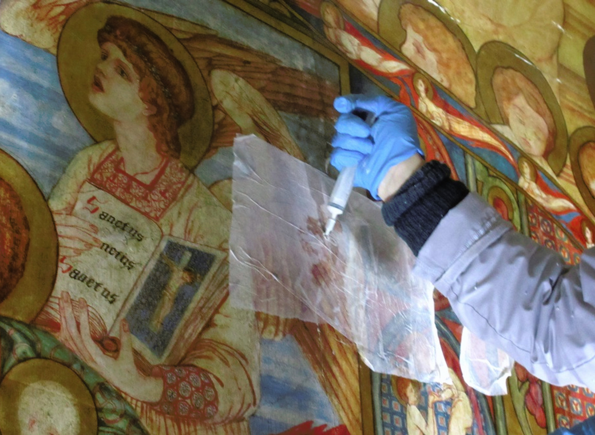Phoebe Anna Traquair wallpainting – north wall detail during mortar injection process.