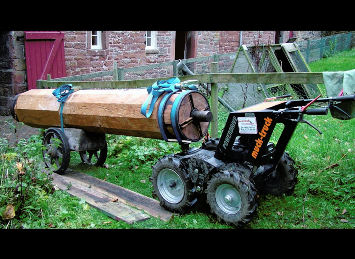Waterwheel shaft on the move, Acorn Bank, Cumbria (National Trust)
