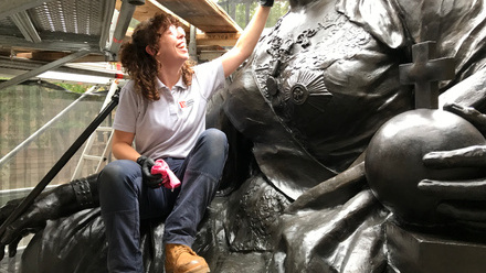 Conservator cleaning Queen Victoria statue. Credit International Conservation Services & City of Sydney.JPG