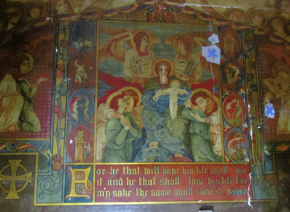 Phoebe Anna Traquair wallpaintings scheme - north wall prepared for plaster consolidation treatment.