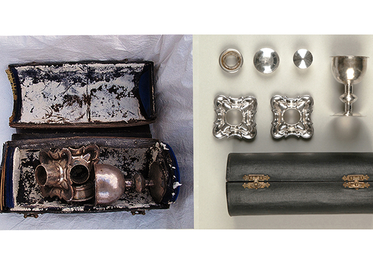 Silver communion set in case- before and after conservation 