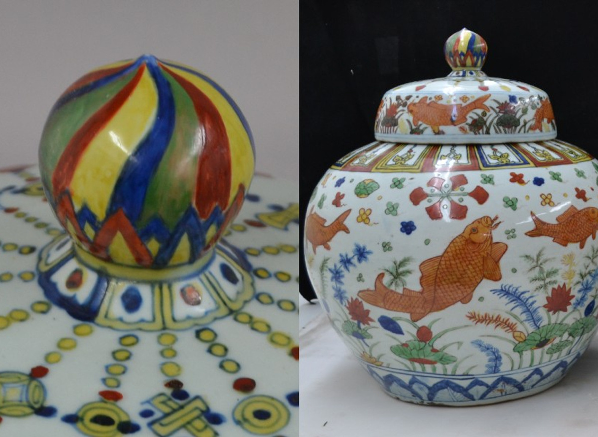 Detail of replacement knop and overall image of Wucai jar before the auction, November 2024.