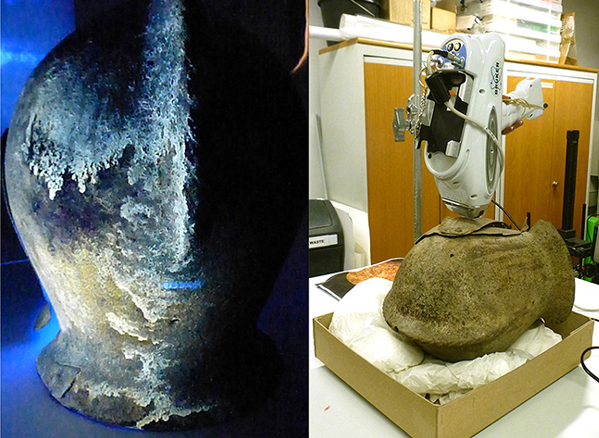 Undertaking UV investigation and elemental analysis (p-XRF) of Sir Richard Lee’s funerary helmet during conservation