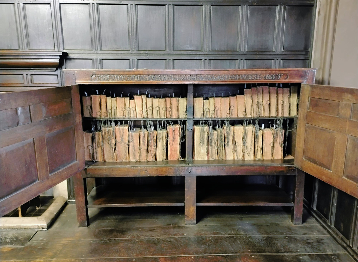 Gorton Chained Library cabinet, after conservation, with doors open