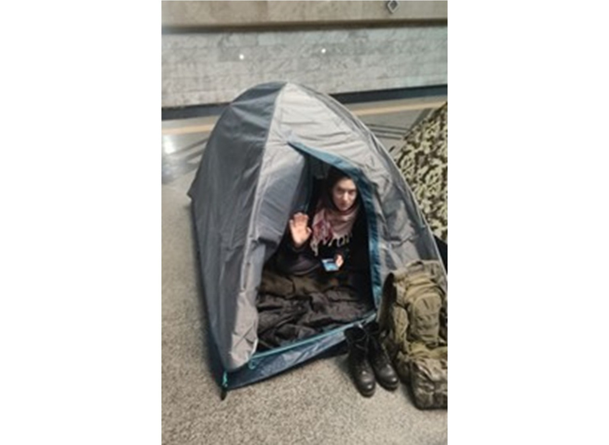 Marharyta and her husband Danylo, a fellow paintings conservator, spending countless nights in the underground, sleeping in a tent, during Russian attacks on the capital 