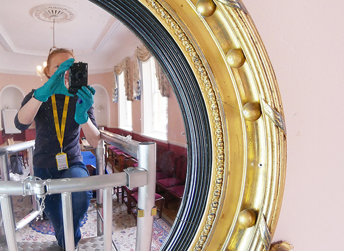 Recording the condition of a mercury amalgam gilded mirror, before conservation