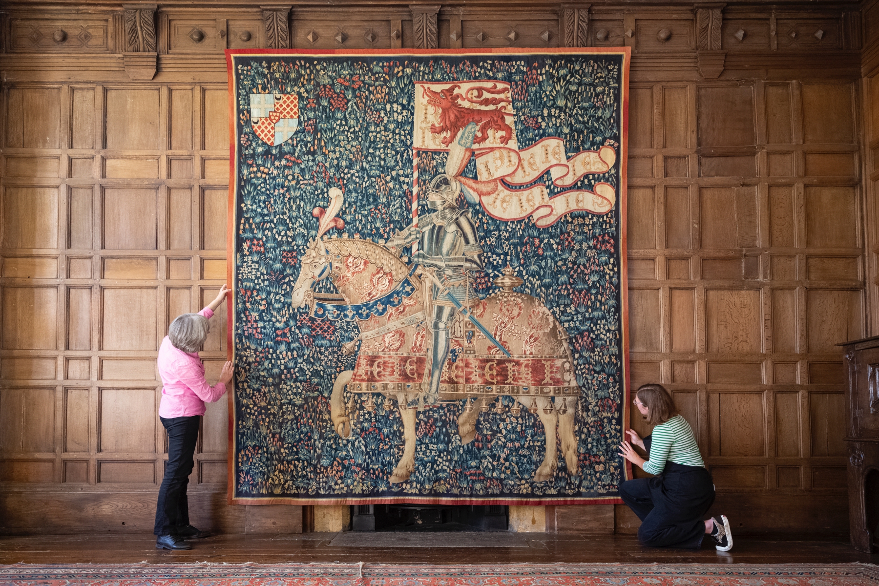 Millefleur tapestry with knight on horseback after rehang at Montacute House, Somerset ©NationalTrust-James Dobson.jpg