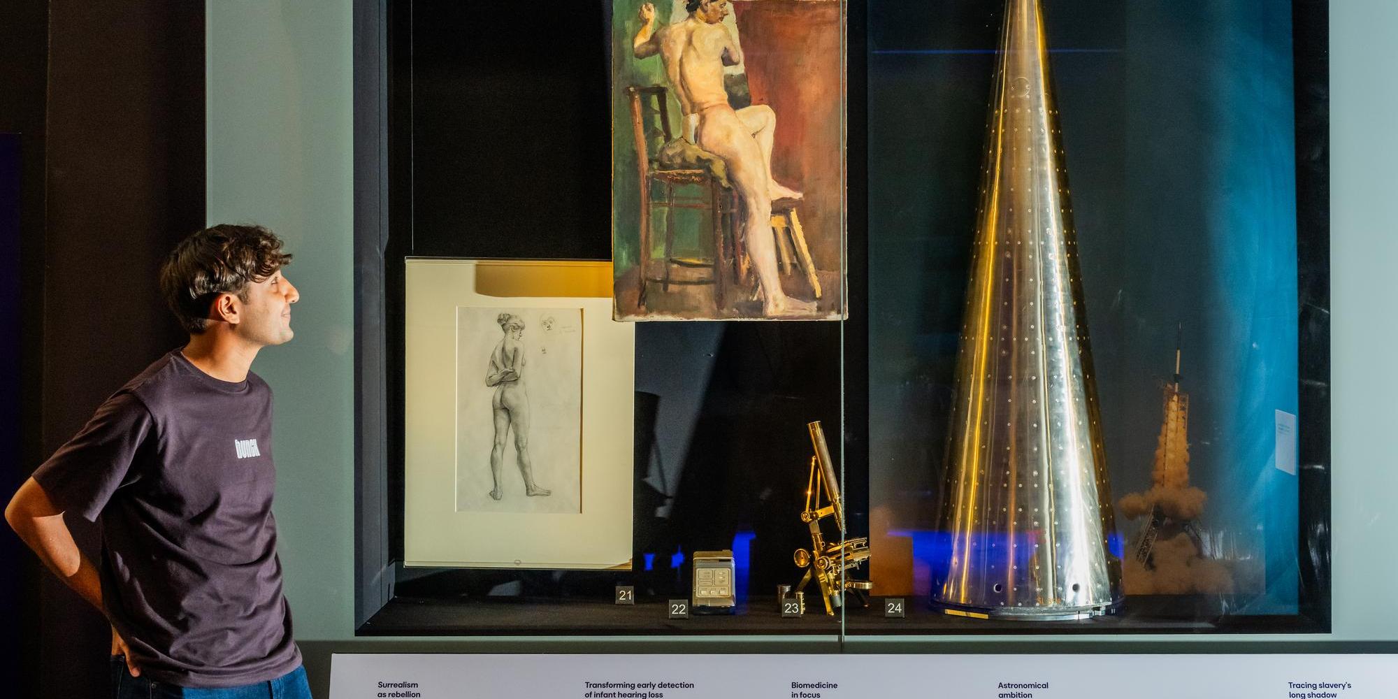 Two Centuries Here Exhibition at UCL Celebrating 200 Years. Exhibition cabinet featuring nose cone from an early Skylark rocket. Credit Guy Bell.jpg