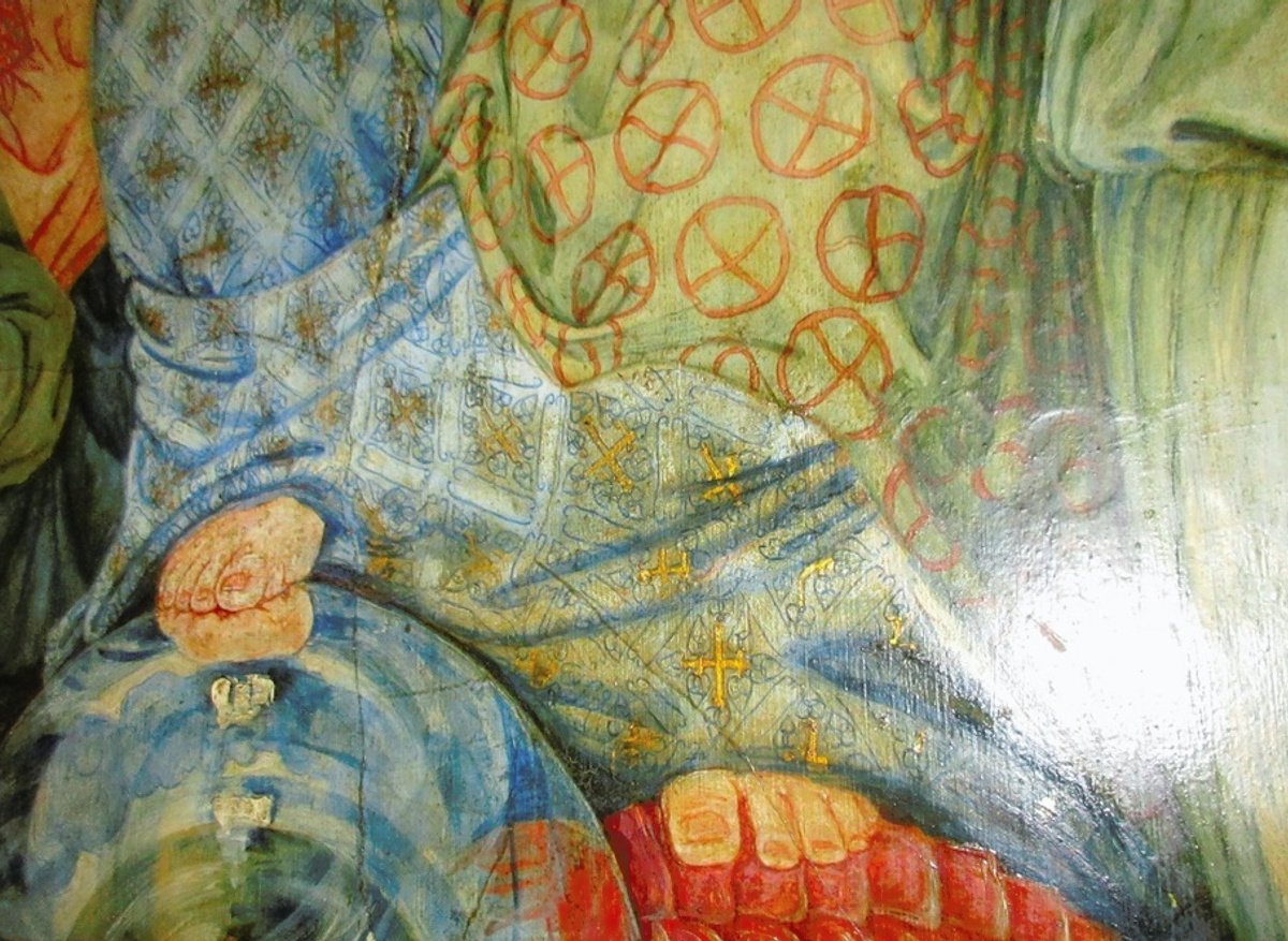 Phoebe Traquair wallpainting – north wall detail during cleaning process.