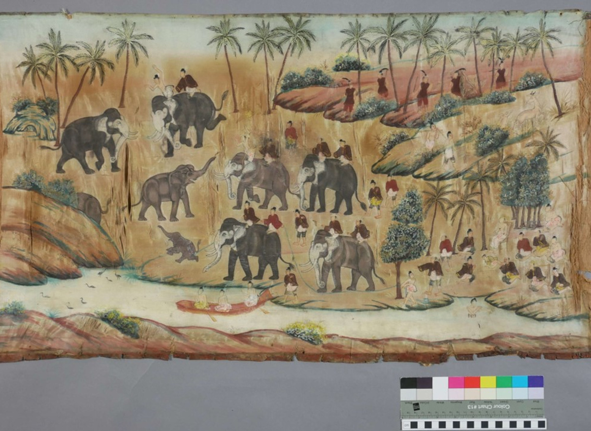 Myanmar painting of river scene with elephants and people, unframed.