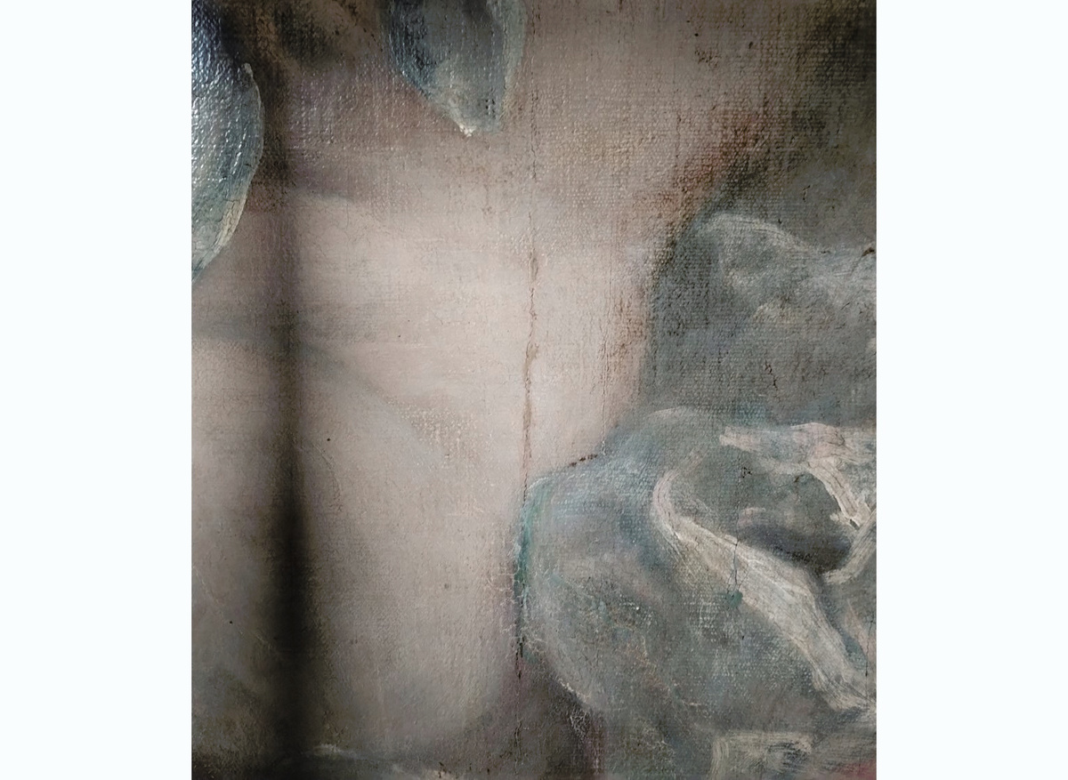 Before adjusting old, discoloured retouching on a canvas seam in The Pool of Bethesda (1736)