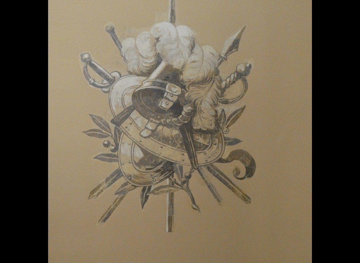 Detail of uncovered wall painting in the Wolseley Room, Banqueting House