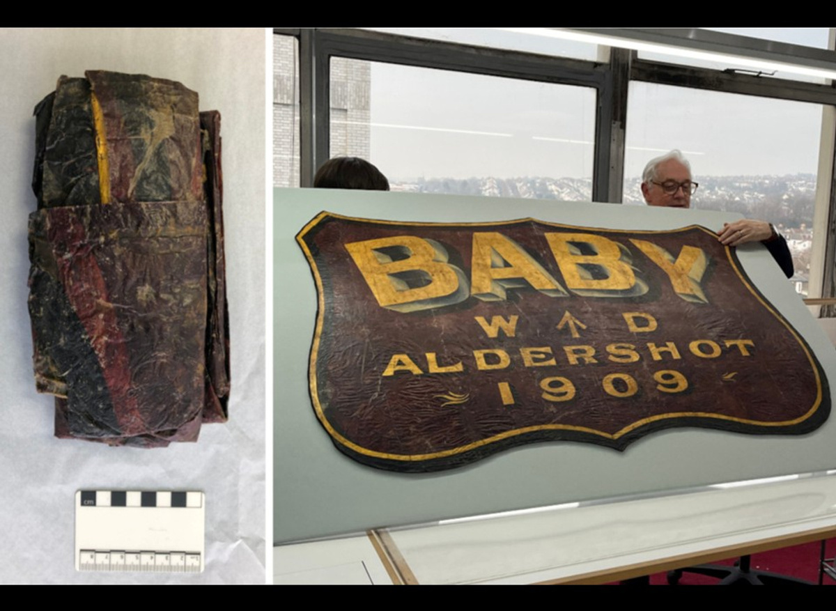 Fragment of a painted 1909 airship skin conserved and mounted for the Royal Aeronautical Society