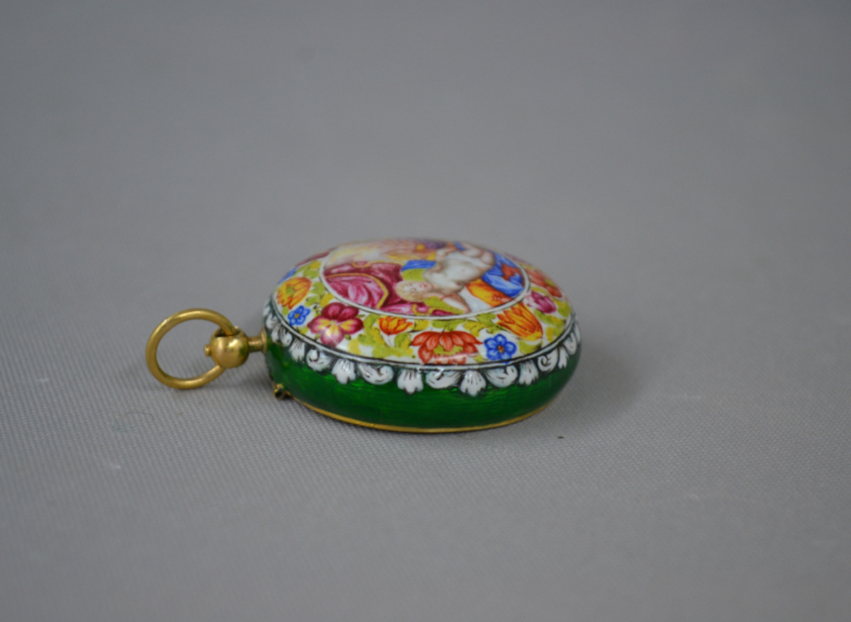Mid 17th century Swiss gold and enamel ladies' pocket watch after restoration.