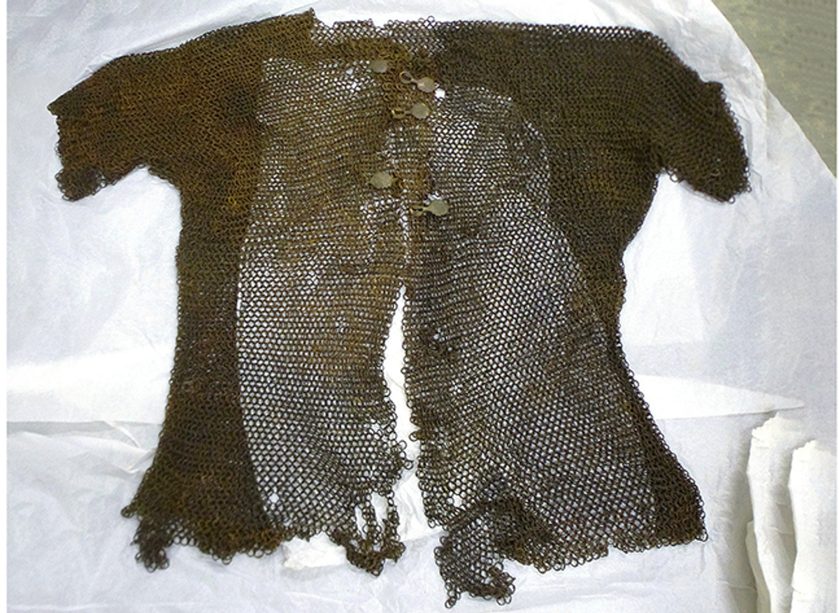 Sir Richard Lee’s funerary hauberk before conservation 