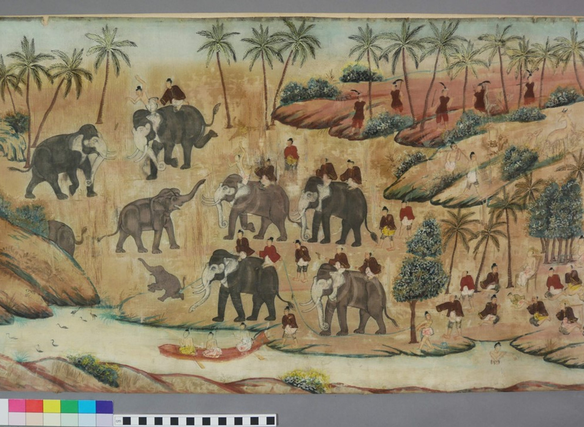 Myanmar painting of river scene with elephants and people, after conservation and mounting.