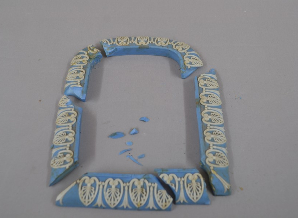 Wedgwood Jasperware frame with failed previous restoration. 