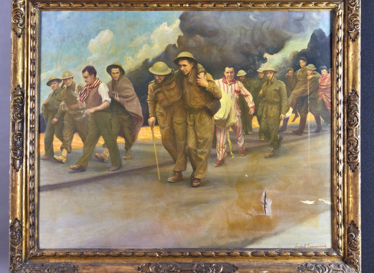 Dunkirk painting, before conservation and repair and showing tear