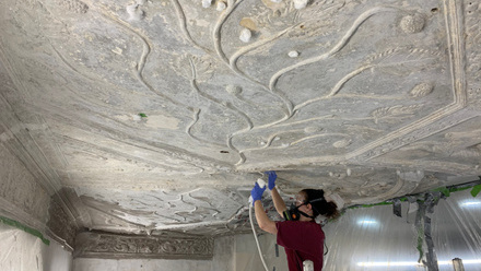 Chichester Ceiling Paint removal using a steam cleaner to ease the softened layers of paint.JPG