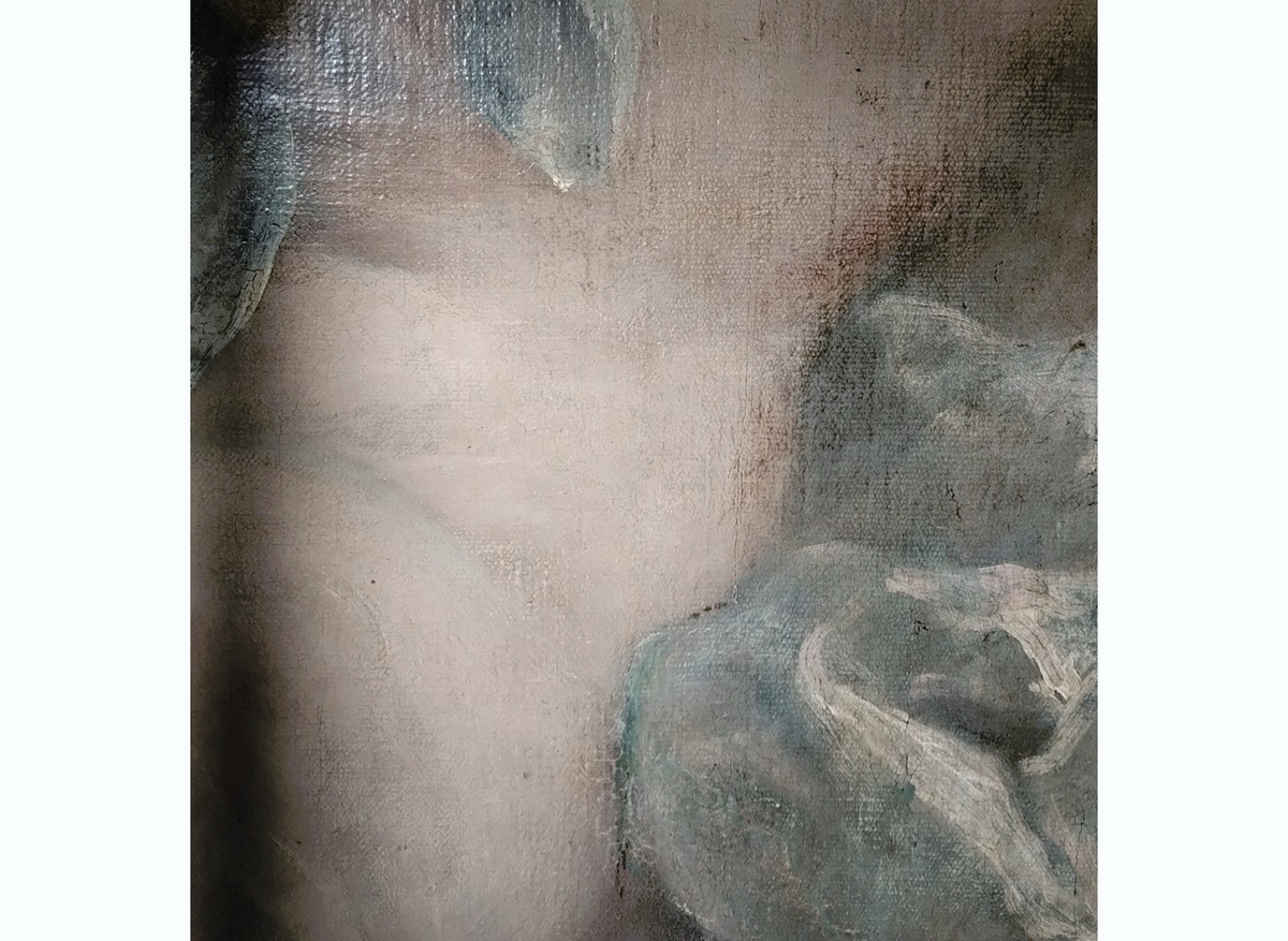 After adjusting old, discoloured retouching on a canvas seam in The Pool of Bethesda (1736)