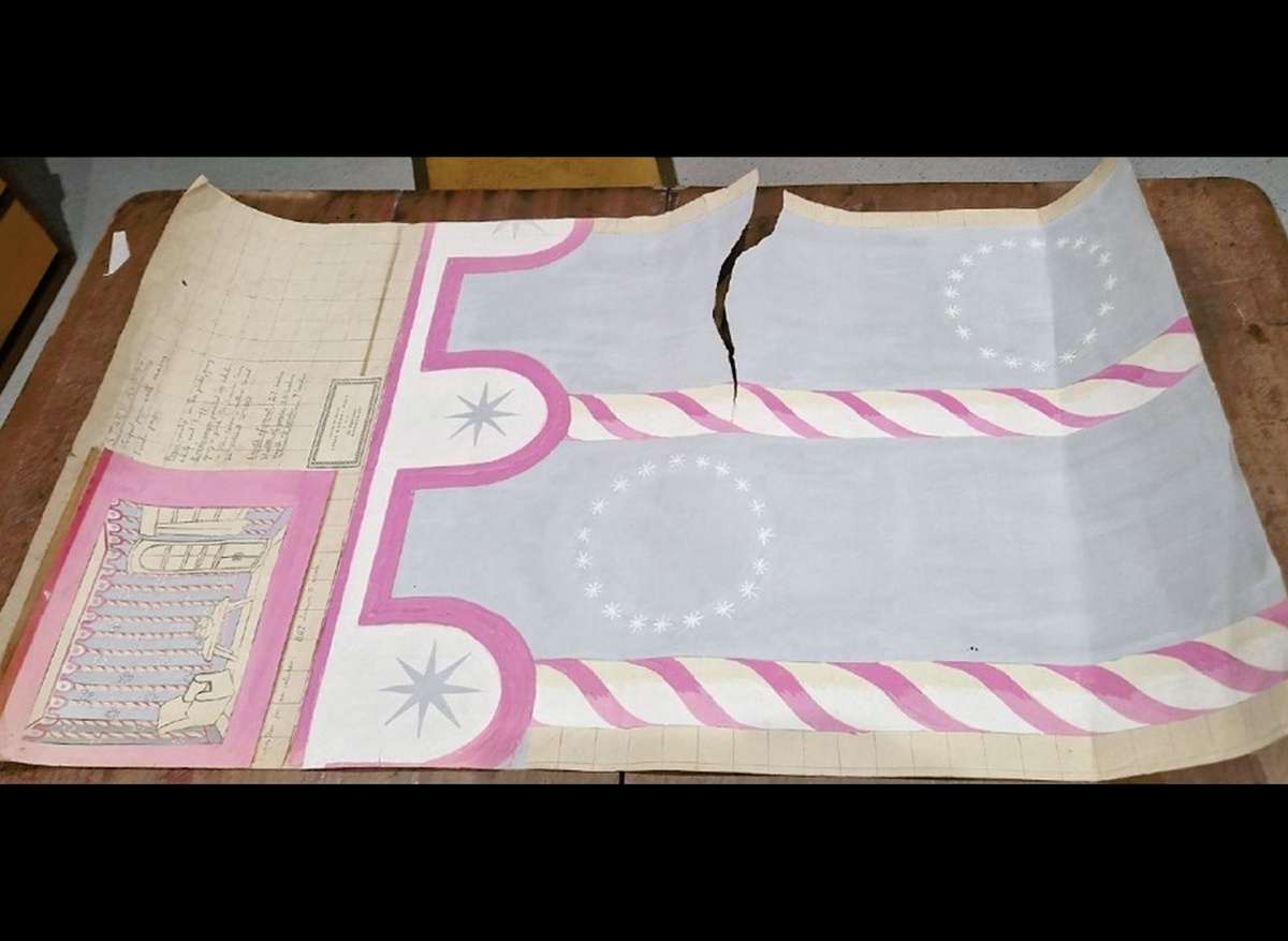 ‘star[r]y awning’ Wallpaper design on paper by Susan Williams-Ellis, Ymddiriedolaeth Susan Williams-Ellis Foundation (YSWEF), Oriel Brondanw.  Before Conservation: