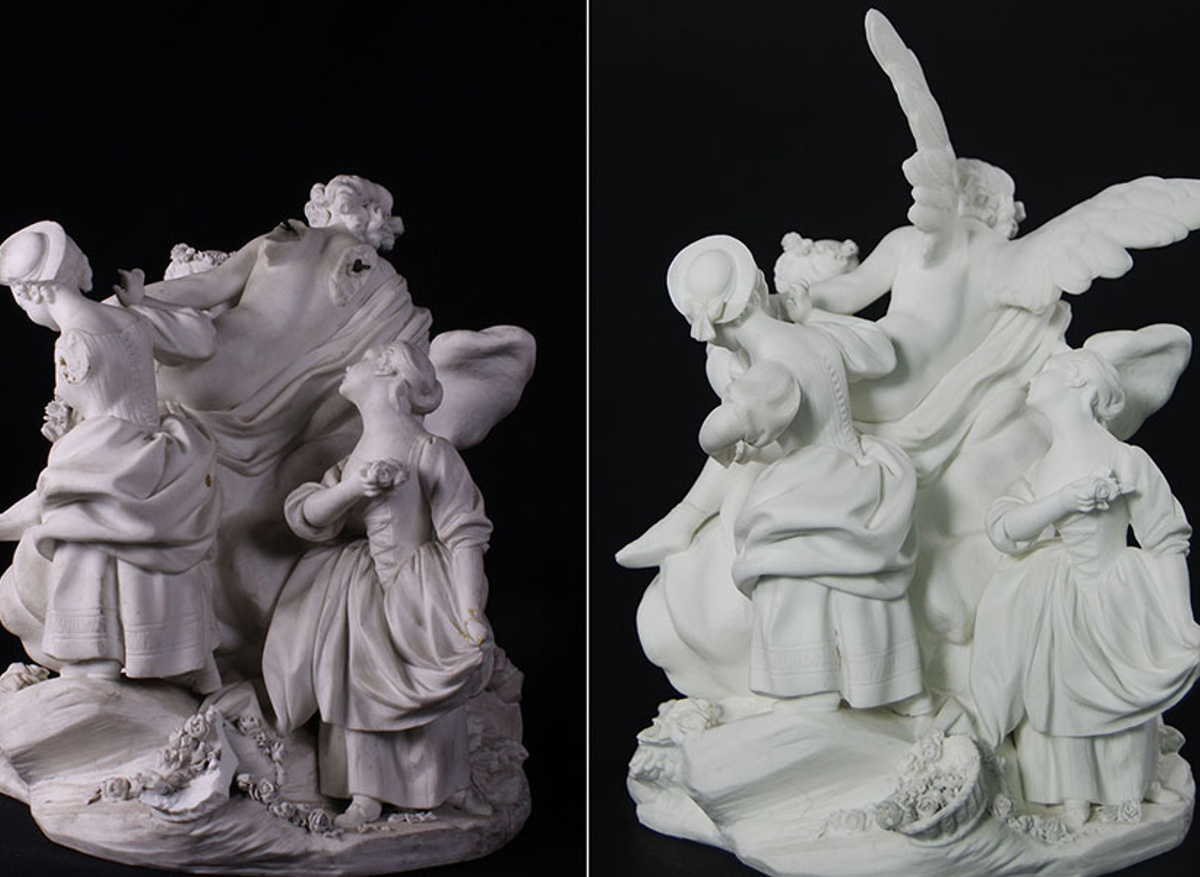 Before and after conservation of Sevre ceramic table piece 